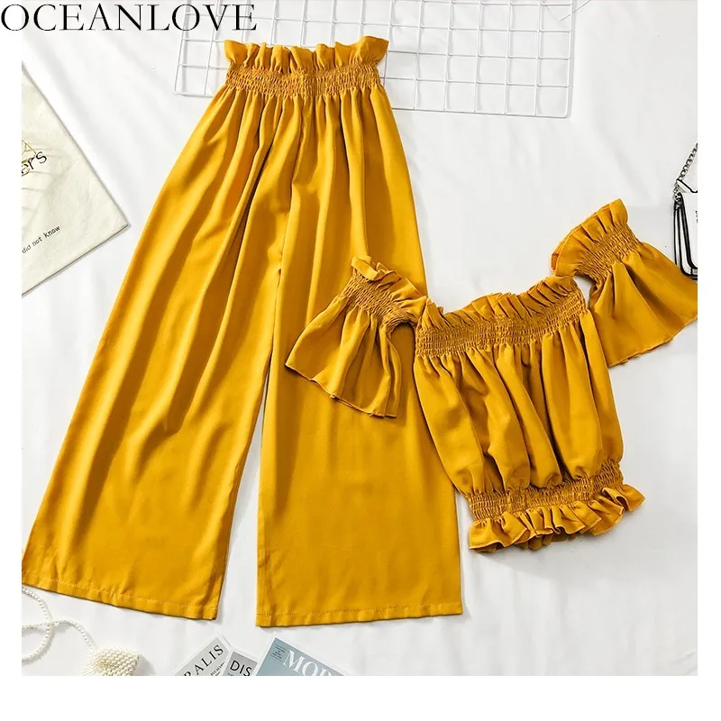 

OCEANLOVE 2019 Slash Neck Short Sleeve Women Tops + Elastic High Waist Wide Leg Pants Two Piece Set Conjuntos De Mujer 11790