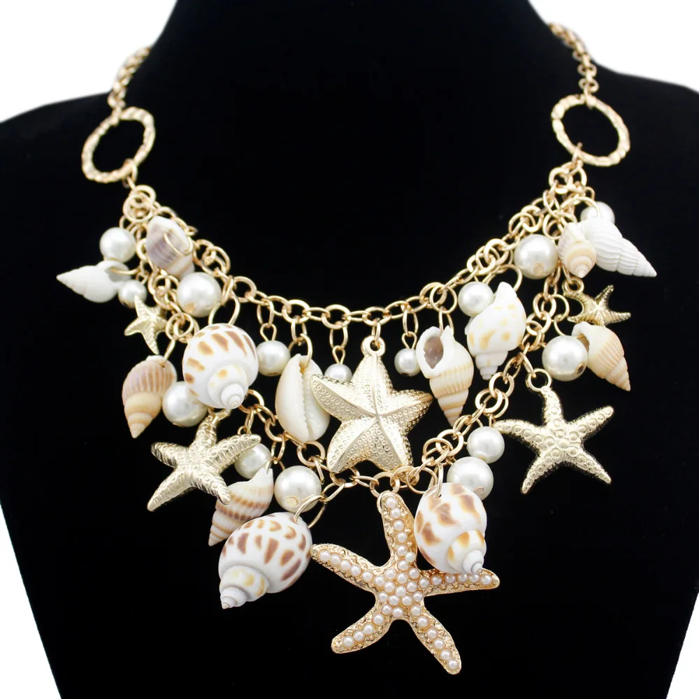 Beach Seashell Ocean Sea Life Starfish Pearl Gold Charms Statement Bib