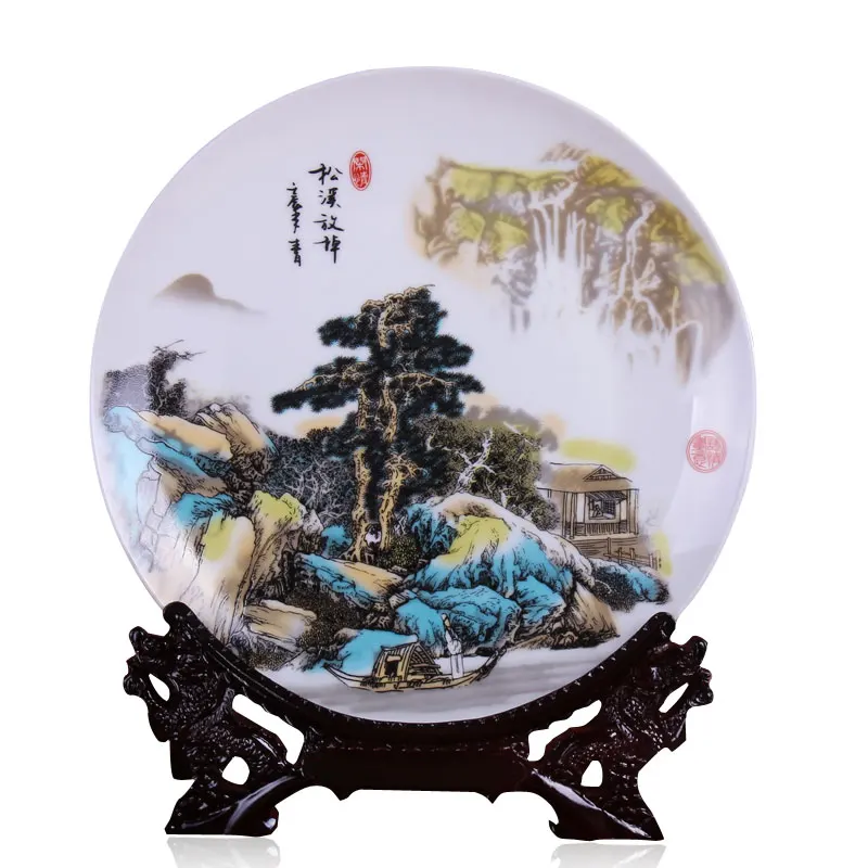 Цзиндэчжэнь керамическая декоративная фарфоровая тарелка пейзаж Сидящая тарелка подставка для подвешивания на стену тарелка - Цвет: C