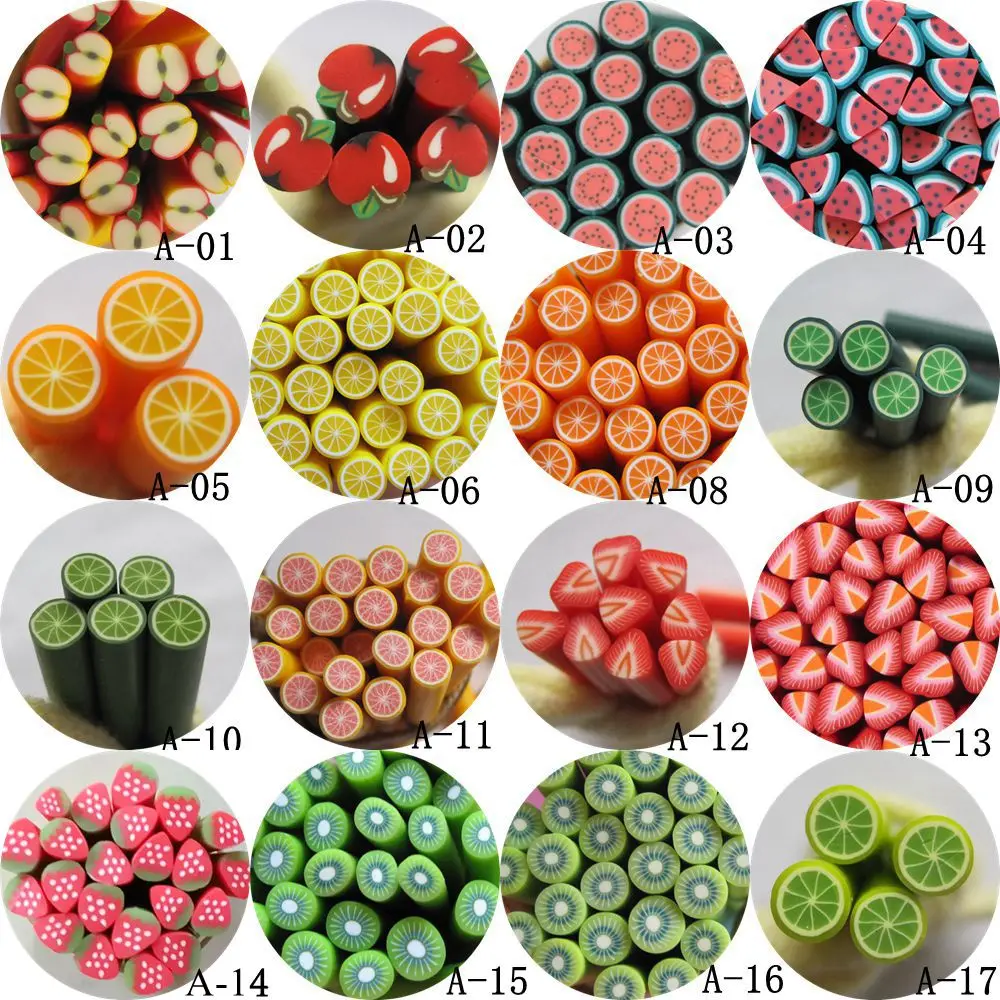 

5pcs/lot 5mm*5CM Fruit Series Polymer Clay Cane Fancy Apple Watermelon Lemon Orange Strawberry Kiwi A01-17
