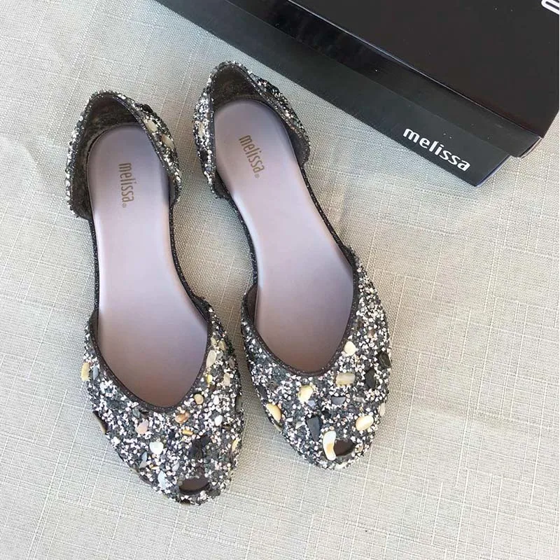 Melissa/Новинка года; женские сандалии на плоской подошве с милыми бриллиантами; женская обувь Melissa; желейные сандалии с камнями; прозрачная обувь