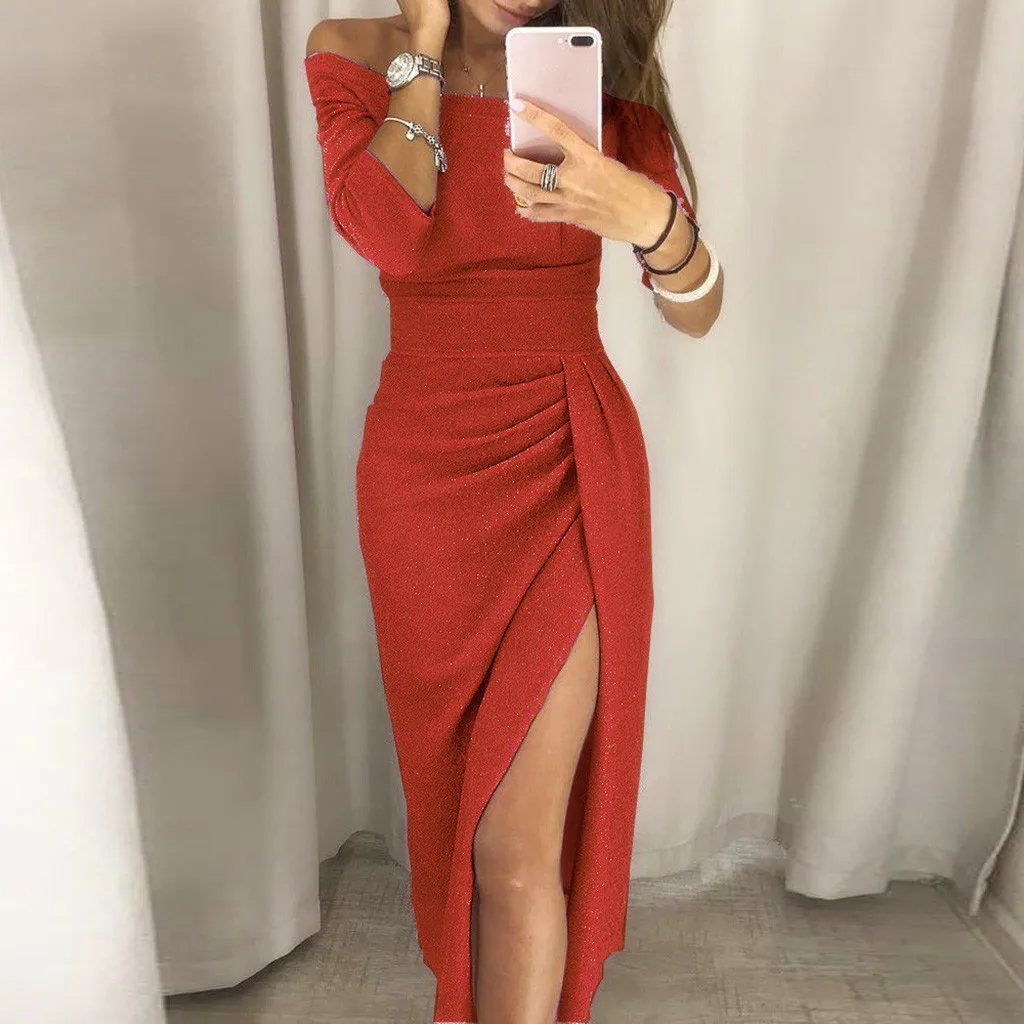 

Women's Fashion Off the Shoulder High Slit Three Quarter Sleeve Bodycon Dresses Vestidos De Fiesta De Noche Zomerjurk Dames 2019