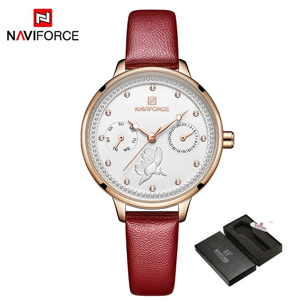 Naviforce, новые женские часы, кожаный браслет со стразами, наручные часы, женские модные часы, женские аналоговые кварцевые часы, подарки - Цвет: red box