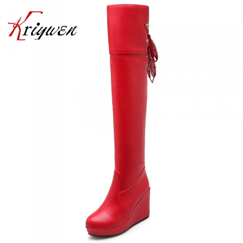 

2015 new fashion red women's Over-the-Knee boots knight Round Toe wedges metal knot thigh women long boots Platform boots
