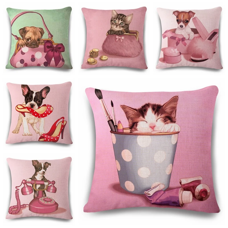 18" Cartoon Dog Cat Print Cotton Linen Pillow Case Animal Cushion Cover