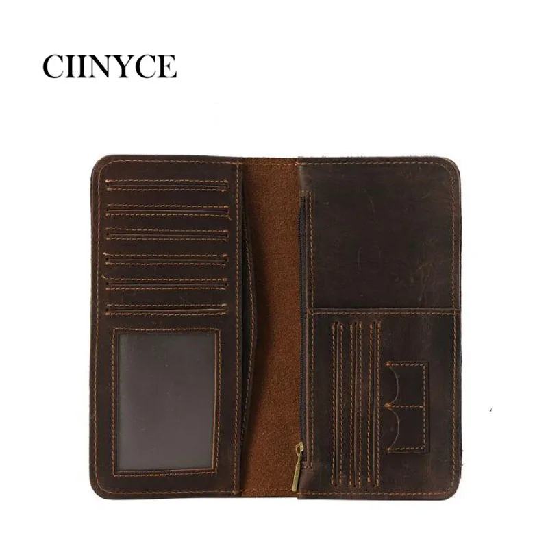 

High Quality Cow Skin Genuine Crazy Horse Leather Men Cards Holders Cell Phone Long Vintage Wallets Style Fashion Male Purse