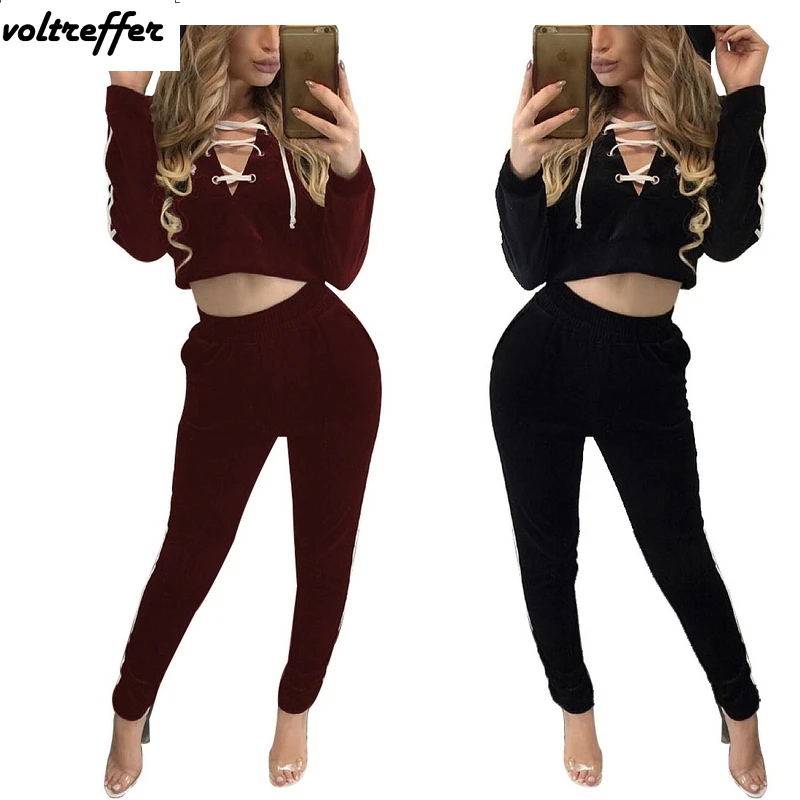 Lace Up Ribbons Hoody Crop Top 2 Piece Pants Sets Women's Sexy Casual