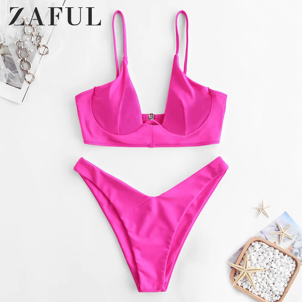 

ZAFUL Bikini Underwire High Cut Neon Bikini Set Spaghetti Straps Padded Solid Swimsuit Women Swimwear Push Up Bathing Suit 2019
