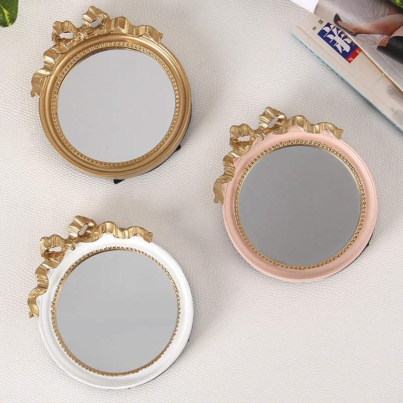 1 шт. милое круглое зеркало для макияжа из смолы, винтажное зеркало, портативное косметическое зеркало в стиле ретро, красивое зеркало белого/розового/золотого цвета