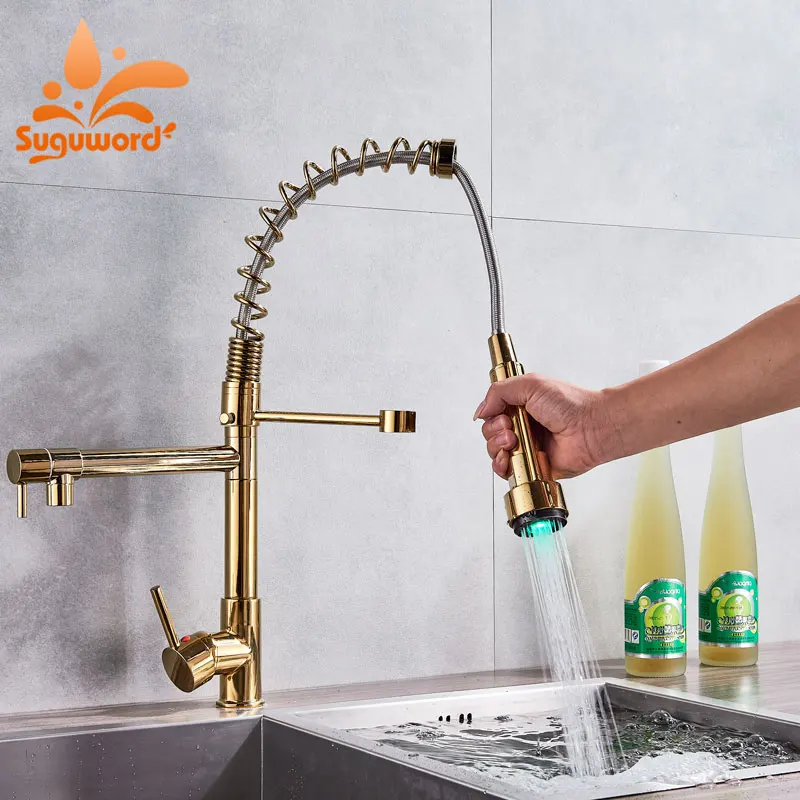 

Suguword LED Golden Kitchen Spring Faucet Hot and Cold Deck Mounted Mixer Tap One Holder One Hole