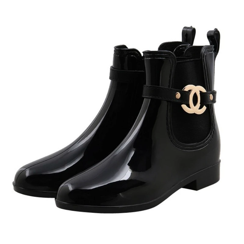 

Fashion New Luxury Rain Boots Women Ankle High-top Shoes Woman Short Boots Black Rainboots Slip-On Non-slip Brand Women Shoes