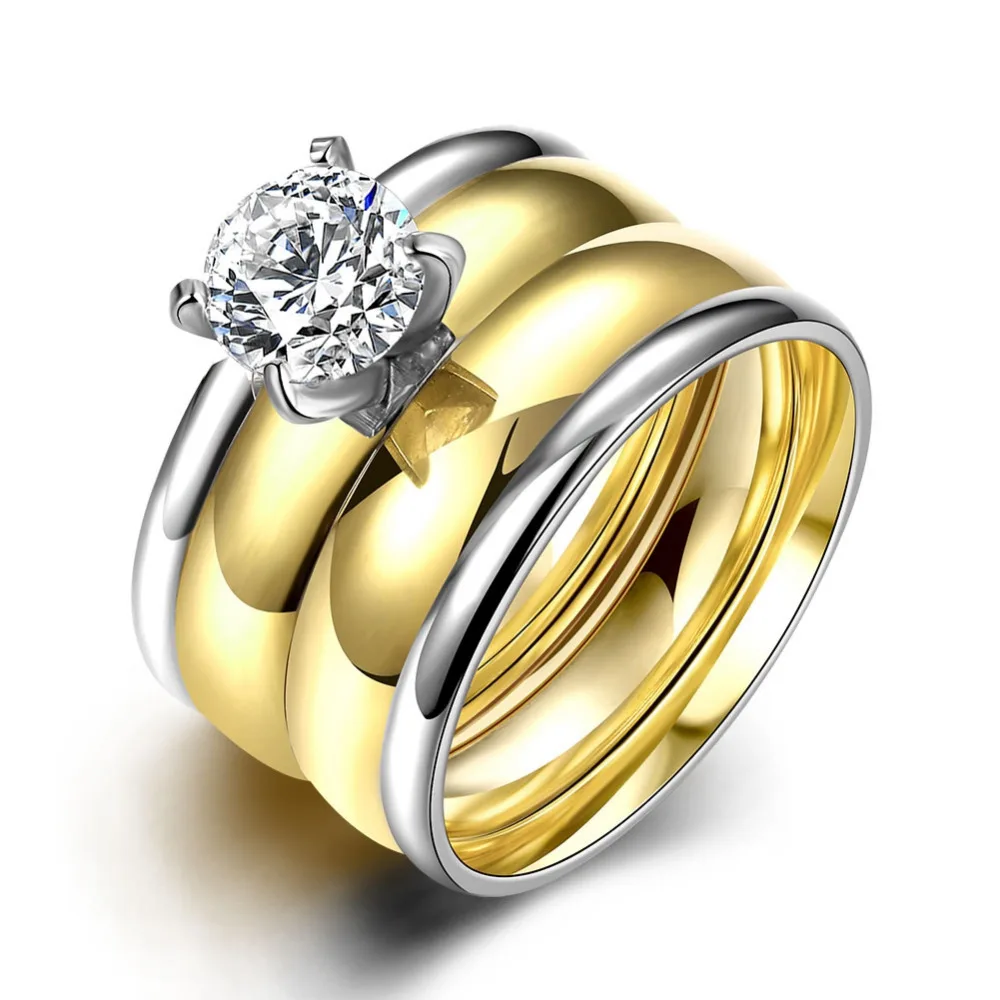 

R043 2016 Top Quality Titanium 18K Golden Smooth Double Rings zircon Stone Titanium Steel Women Men's Wedding Jewelry Ring