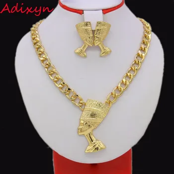 

Adixyn Big Size Egyptian Queen Nefertiti Pendant Gold Color Thick Chain Earrings Jewelry Sets Africa Egypt Items