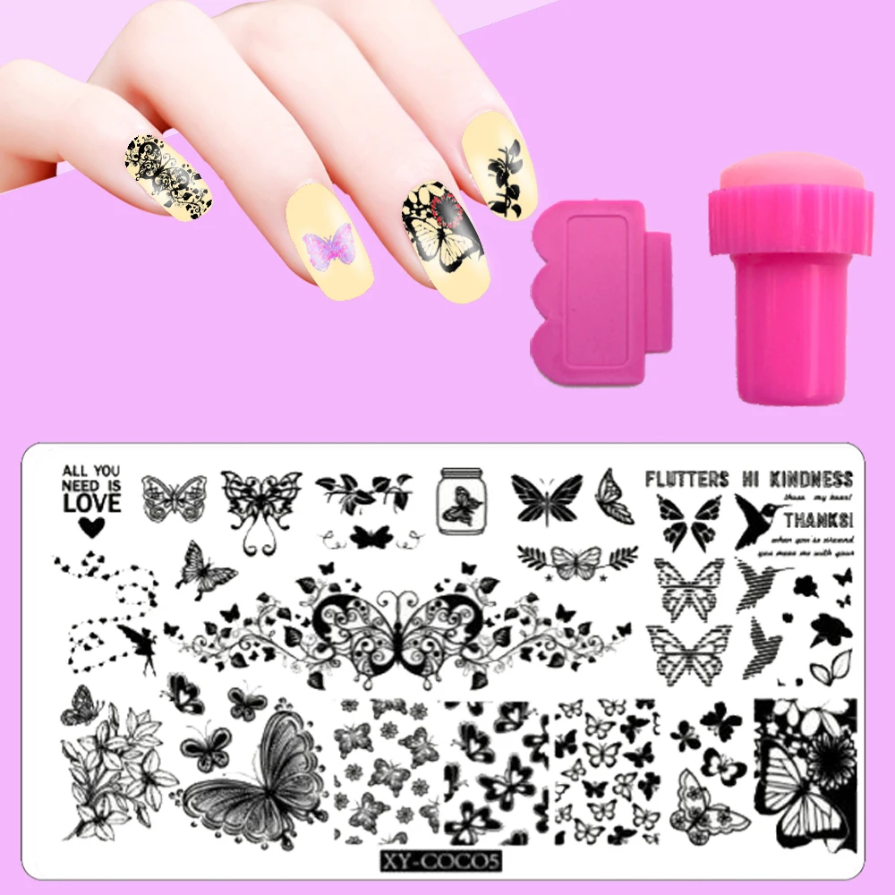 

New 14*7.5cm Big Stainless Steel Nail Stamping Plates Set Feather stencil UV Gel Nail Art Template + DIY Stamper Scraper Beauty