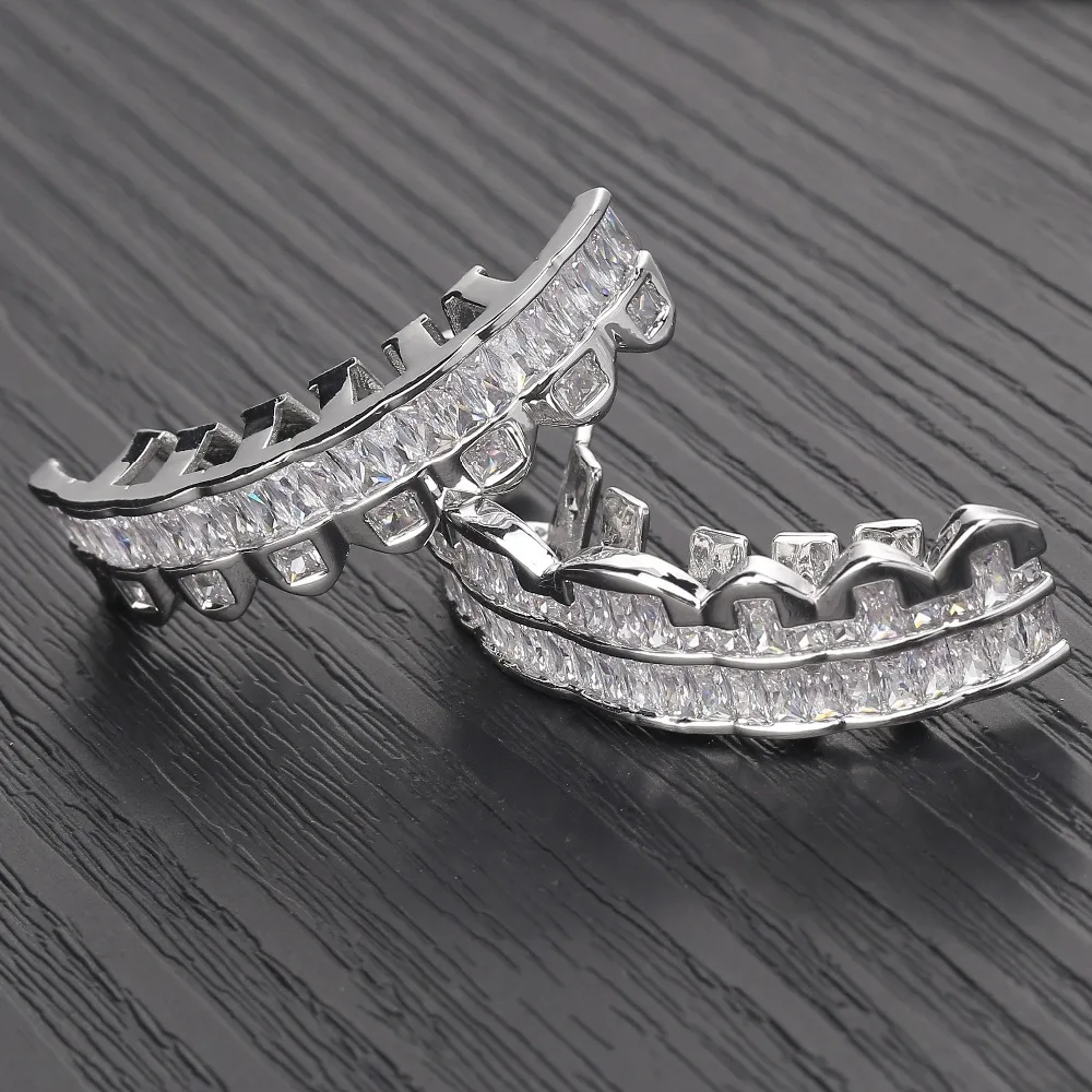 Best New Custom Baguette Set Teeth Grillz Top Bottom Silver Color Grills Dental Mouth Hip Hop Fashion Jewelry Rapper Jewelry Gift