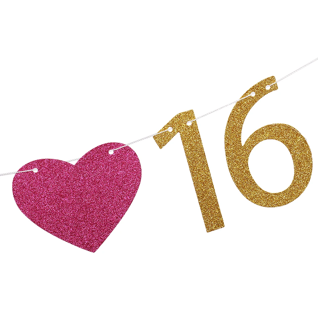 Sweet 16 Heart Banner Birthday Hanging Paper Garland for Home Party Celebrations Decorations Photo Props