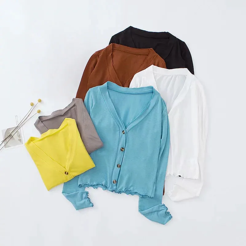 

Women Sexy V-Neck Buttons Long Sleeve Tops 2019 New Solid Color Lady Crop Tops Summer Casual Women T-Shirt Clothing 6 color