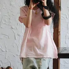 Harajuku Мягкая льняная длинная футболка женская летняя коллекция года, топы с короткими рукавами в национальном стиле, Оригинальная футболка