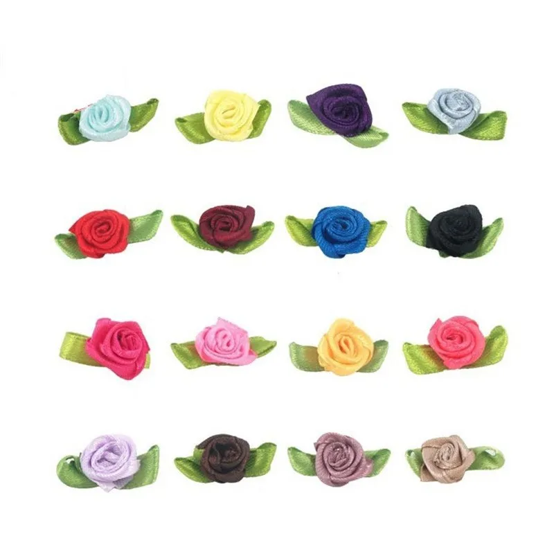 100pcs Mini Satin Ribbon Flower Silk Rose head Ribbon DIY Wedding Bow Appliques Craft Sewing Clothing Accessories  Decoration 