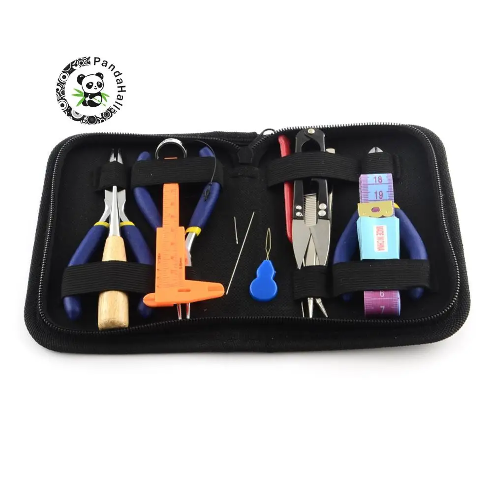 

14Pcs DIY Jewelry Tool Sets, with Pliers, Scissor, Tweezers, Vernier Caliper, Tape Measure and Pins, Mixed Color, 155x115x35mm