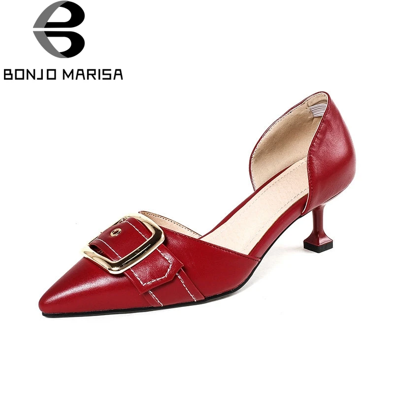 BONJOMARISA 2018 Summer Elegant Buckle High Quality Overall Genuine Leather Women Pumps Sexy Shallow High Heels Shoes Woman BONJOMARISA 2018 Summer Elegant Buckle High Quality Overall Genuine Leather Women Pumps Sexy Shallow High Heels Shoes Woman