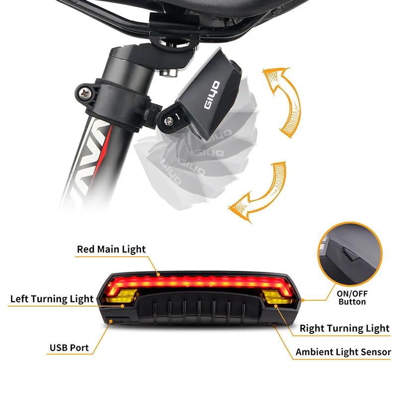 Беспроводной велосипедный задний светильник GIYO с дистанционным управлением, две желтые Поворотные лампы, зарядка через usb, водонепроницаемый, IPX4, лазерный безопасный велосипедный светильник