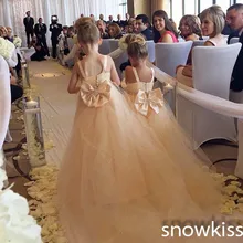 Новое поступление, шампань, бант, пояс, бисером, кристалл, свадебное вечернее платье винтажное платье для маленьких детей, платье с цветочным узором для девочек с длинным шлейфом