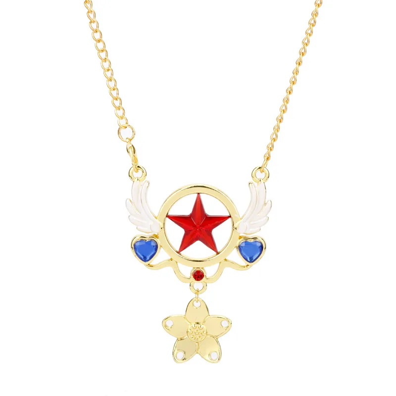 Anime Cartoon Card Captor Necklace Clear Card Sakura Kinomoto Sakura with Magic Wand Necklace Pendants Accessories Figure Toys