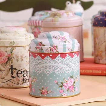 

New Arrival 2pcs/lot Fresh Flower Designs Metal Candy Box Tea Canister w/tight Cover Round Shape Tea Canister Storage Box