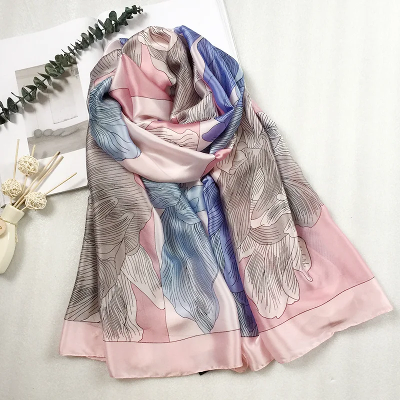 Шелковый шарф, женский шарф с принтом цветов, птиц, Листьев, цепочек, шелковые шарфы, шали и шарфы, 180*90 см хиджабы