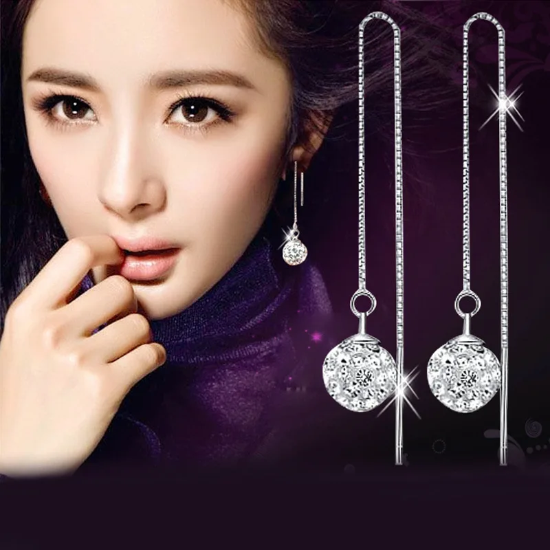 Fashion beautiful 925 sterling silver font b earrings b font Long female luxury Switzerland Rhinestone font