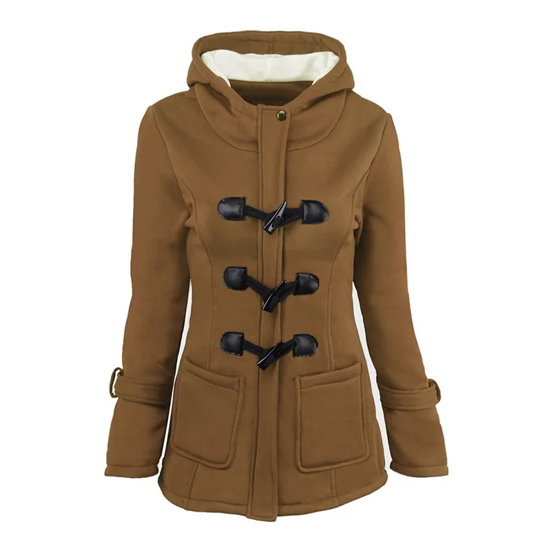 HOT 2019 Europe design women's hooded wool thick blended classic horn buckle Package buttocks coat jacket cotton-padded clothes