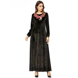 2018 велюр мусульманских Абая платье черного цвета вышивка осень зима для женщин дубайские платья Винтаж Moroccan кафтан арабских халаты 7247