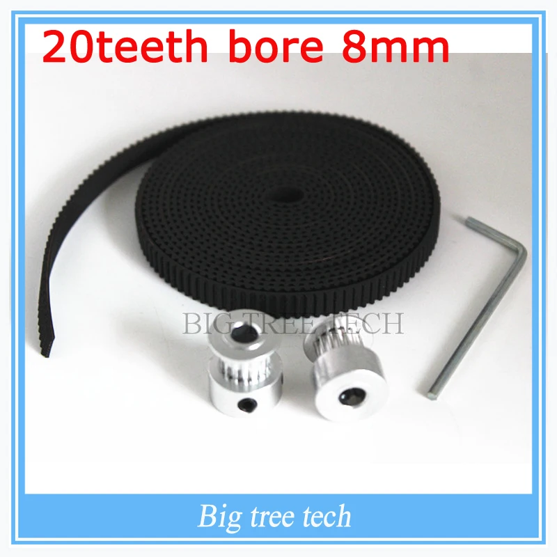 Free Shipping 2Pcs 20-GT2-6 bore 8mm GT2 Pulley And 2m GT2-6mm Open GT2 Belt KIT For 3D Printer(4xM3 setscrews and 1xAllen Key