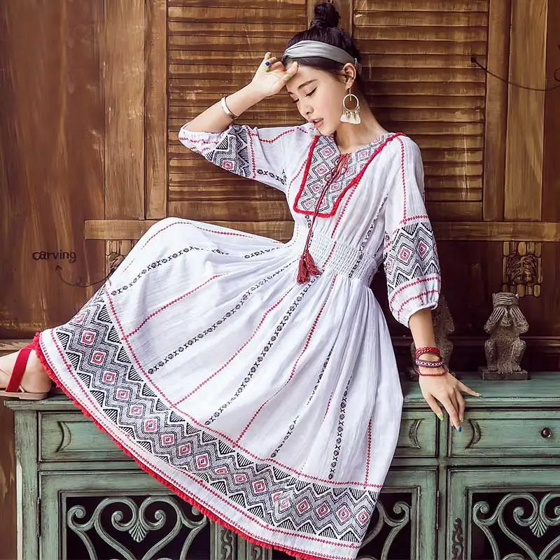 

KHALEE YOSE White Embroidery Midi Dress Autumn Long Dresses Womens Puff Sleeve Elastic Waist Boho Hippie Holiday Dress Female