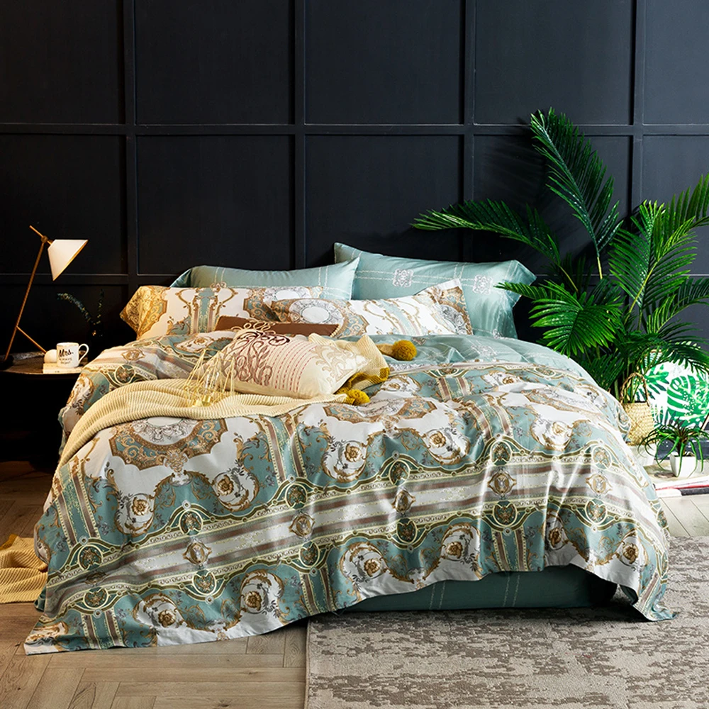 

Papa&Mima Euporean pattern print bedding set Sanding cotton Queen King size flat sheet pillowcases duvet cover sets bedlinens