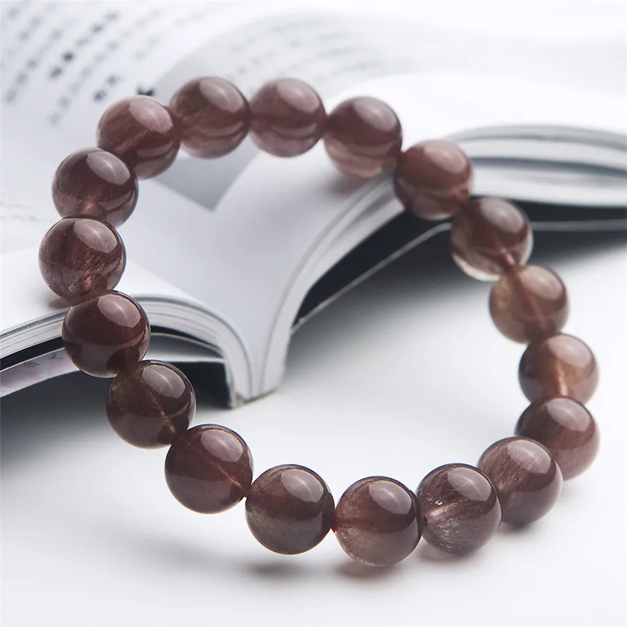 

11 mm Brazil Natural Red Rutilated Quartz Crystal Clear Round Beads Jewelry Stretch Bracelet For Women