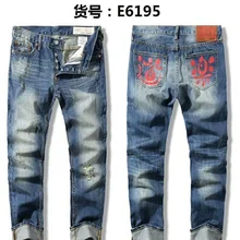 Аутентичные Evisu новые дышащие высококачественные модные мужские брюки с дырками и пуговицами теплые джинсы Прямые мужские брюки с принтом для отдыха