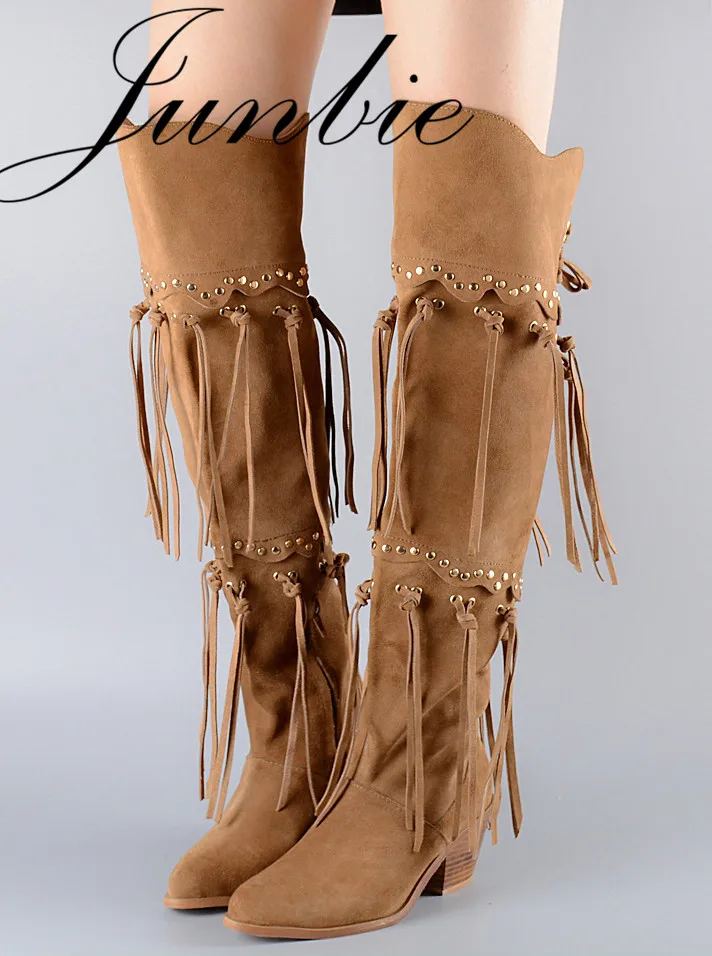 

JUNBIE Khaki Genuine Leather Gladiator Fringe Lace Up Over The Knee HIgh Thigh HIgh Boots Pointed Toe Thick Heel Winter Boots