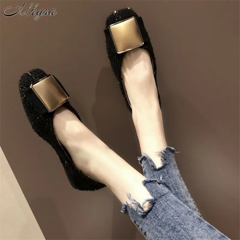 

Mhysa 2019 New Women Solid Suede Flats Heel Metal Decoration Fashion Basic Square toe lightweight Slip On casual Shoes T124