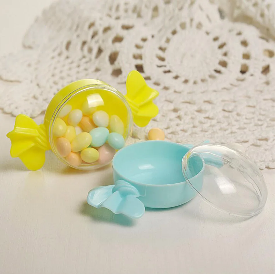 

20pcs Plastic Blue/Pink/Yellow Candy Shape Chocolate Candy Box Boxes For Wedding Party Baby Shower Favor Gift Flower Decoration
