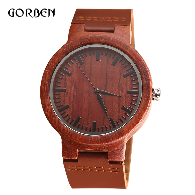 

2018 Simple Unique Wood watch Men Bamboo Wooden Watches with Cowhide Leather Red brown Quartz Sports Clock Relogio Masculino
