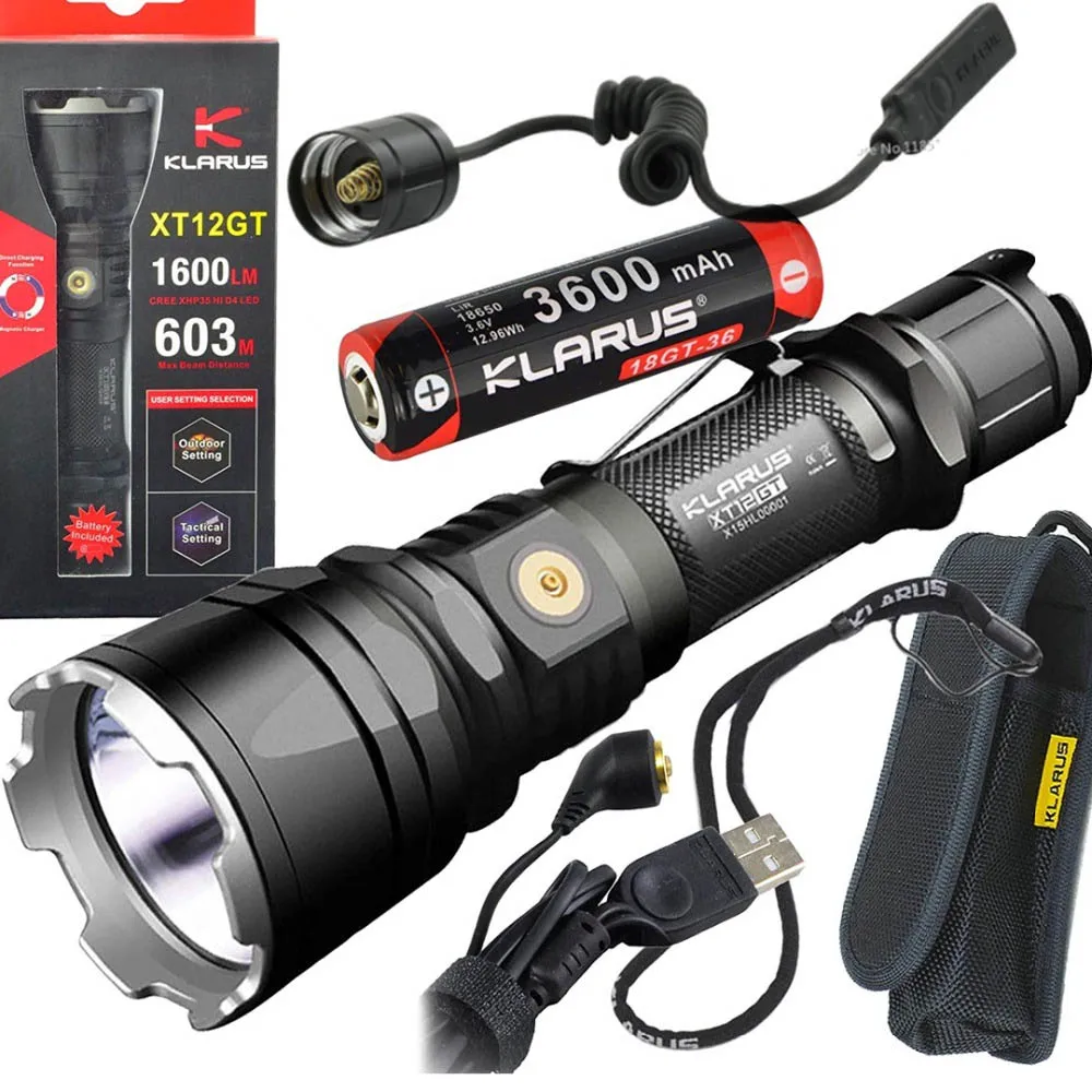 

KLARUS XT12GT Rechargeable Flashlight Kit CREE XHP35 HI D4 torch with 18650 3600mAh battery KLARUS TRS1 Tactical Remote Swtich