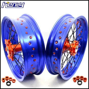 

3.5/4.25 Supermoto Wheels Supermotard Rim Set For KTM SX SXF EXC EXCF XC XCW XCF 125-530 2003-2019 Orange Nipple Blue Rim