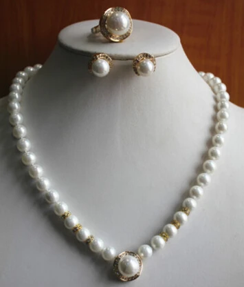 

hot sell Fashion Women'S Pure White Pearl and shell pearl Necklace Earring Ring(7/8/9)Jewelry Set