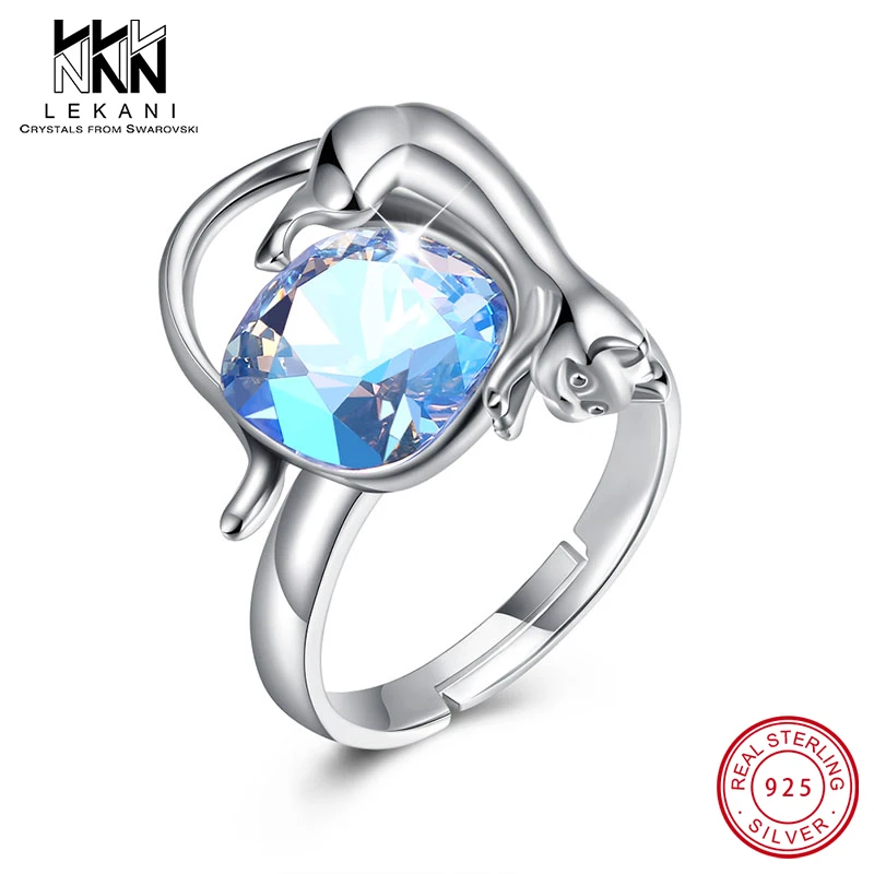 

Lovely Cat Blue Crystal From Swarovski Open Ring For Women 925 Sterling Silver Ring Adjustable Size Cute Wedding Party Jewelry