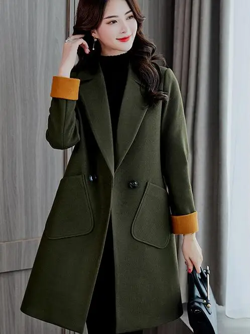 Korean Wool Blend Coat Long Sleeve Turn down Collar Outwear Jacket ...