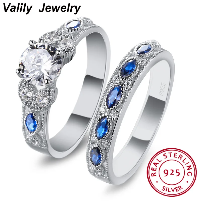 Valily Jewelry Wedding Rings 925 sterling silver couple rings for Bride Blue Oval Cubic Zirconia Round Band Ring for Women men