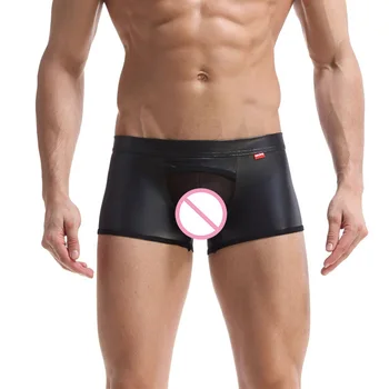 

3PCS/Lots Mens Boxers Shorts Mesh Crotchless Underwear Faux Leather Boxershrots Latex Bugle Pouch Underpants Gay Panties Bikini