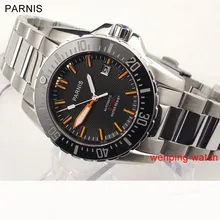 Parnis 43 мм черный циферблат Автоматические водонепроницаемые керамические ободок сапфировое стекло Мужские часы W986